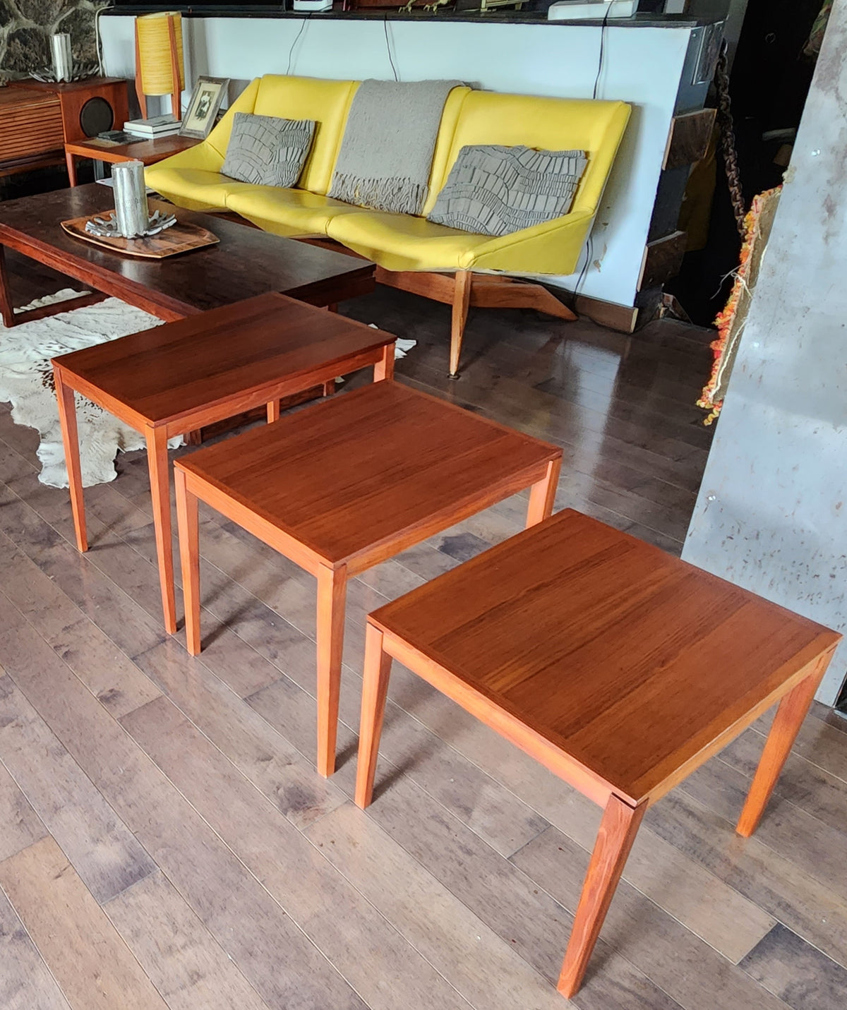 REFINISHED Danish Mid Century Modern 3 Teak Nesting / Accent Tables
