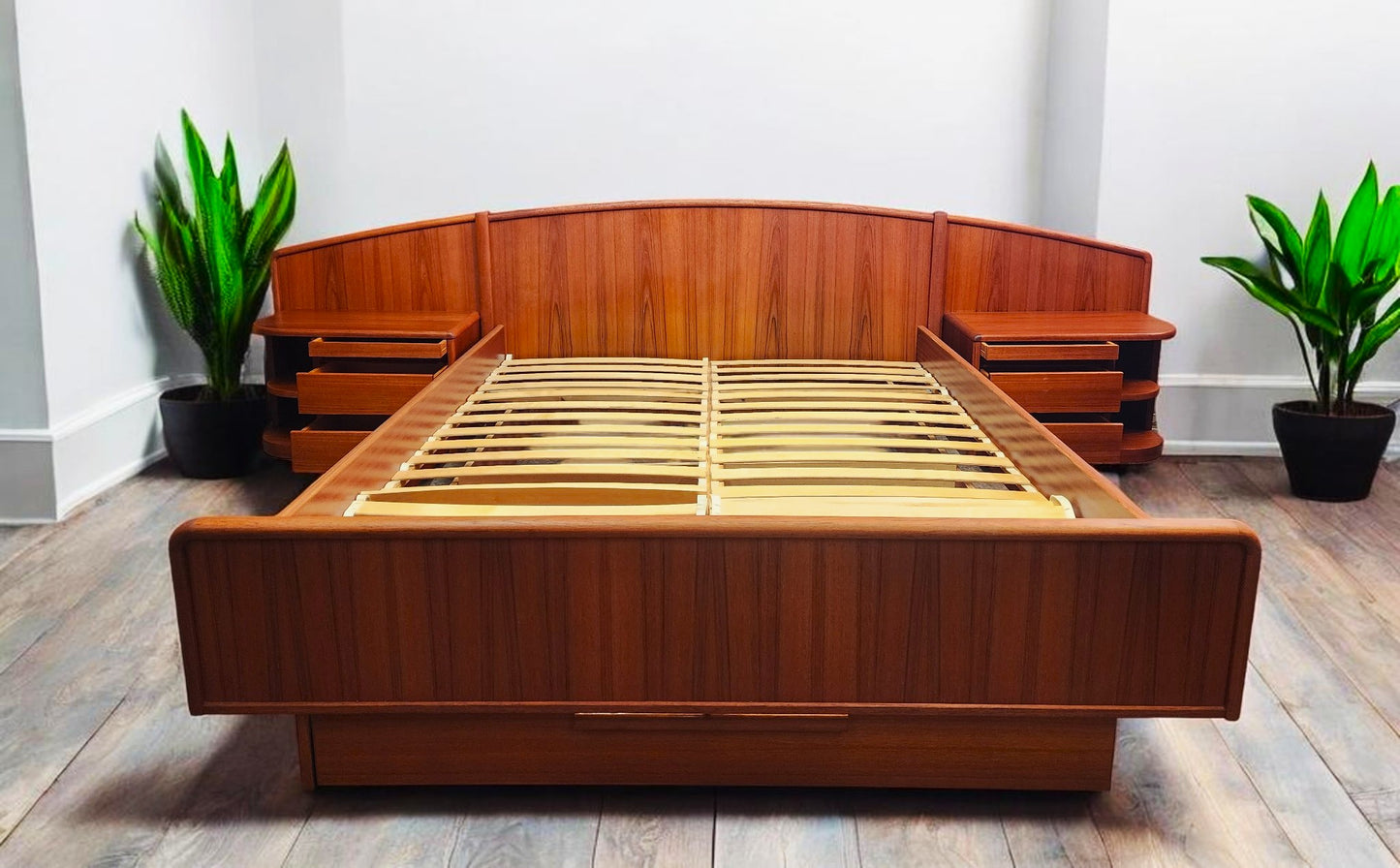REFINISHED Danish MCM Queen Teak Bed w Nightstands & Storage by Uldum