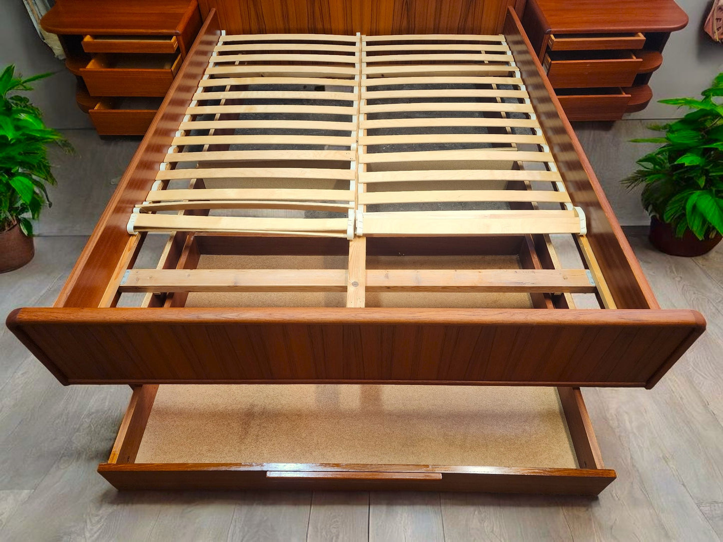REFINISHED Danish MCM Queen Teak Bed w Nightstands & Storage by Uldum