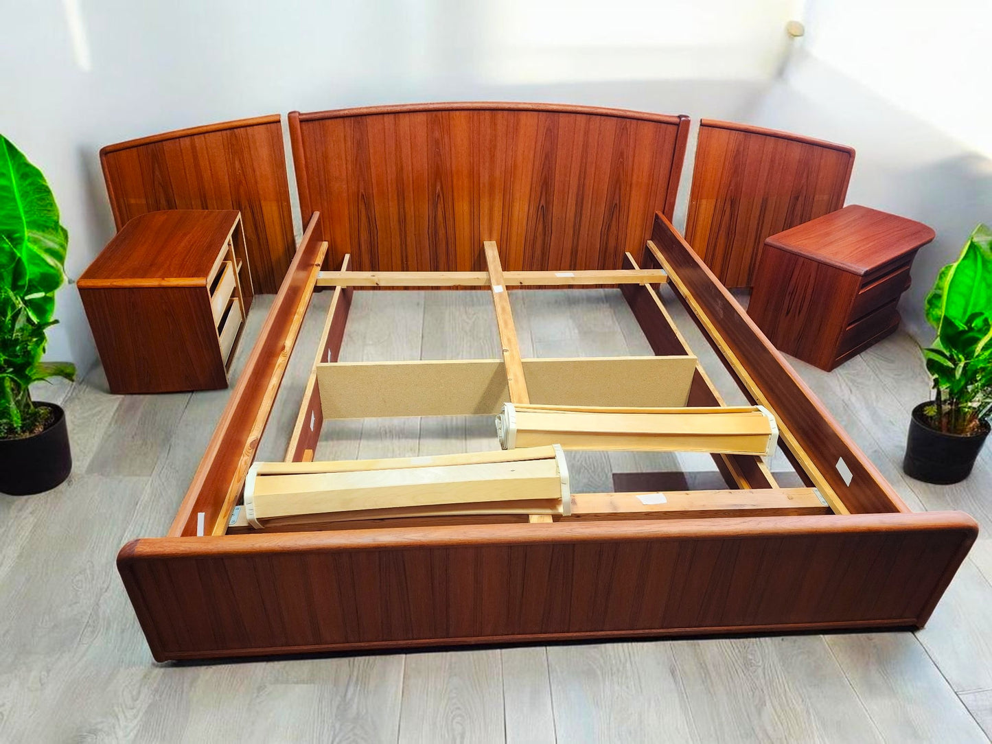 REFINISHED Danish MCM Queen Teak Bed w Nightstands & Storage by Uldum