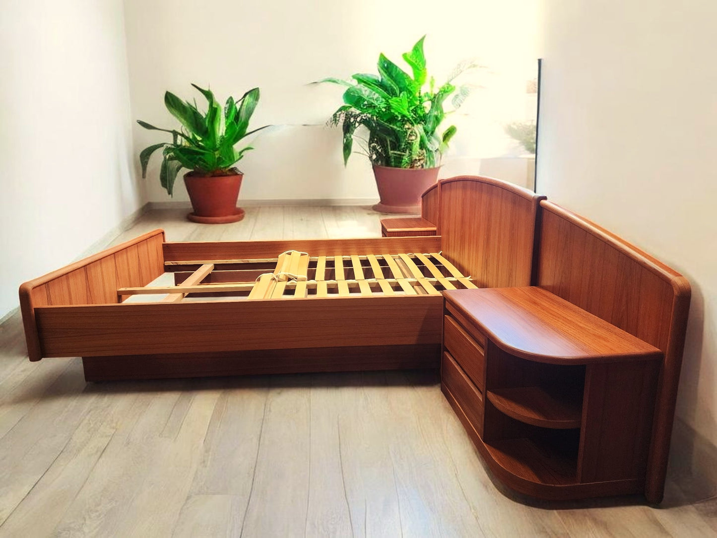 REFINISHED Danish MCM Queen Teak Bed w Nightstands & Storage by Uldum