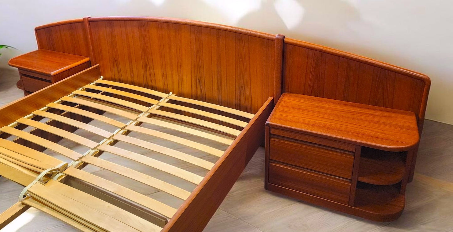REFINISHED Danish MCM Queen Teak Bed w Nightstands & Storage by Uldum