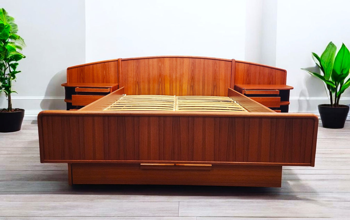 REFINISHED Danish MCM Queen Teak Bed w Nightstands & Storage by Uldum