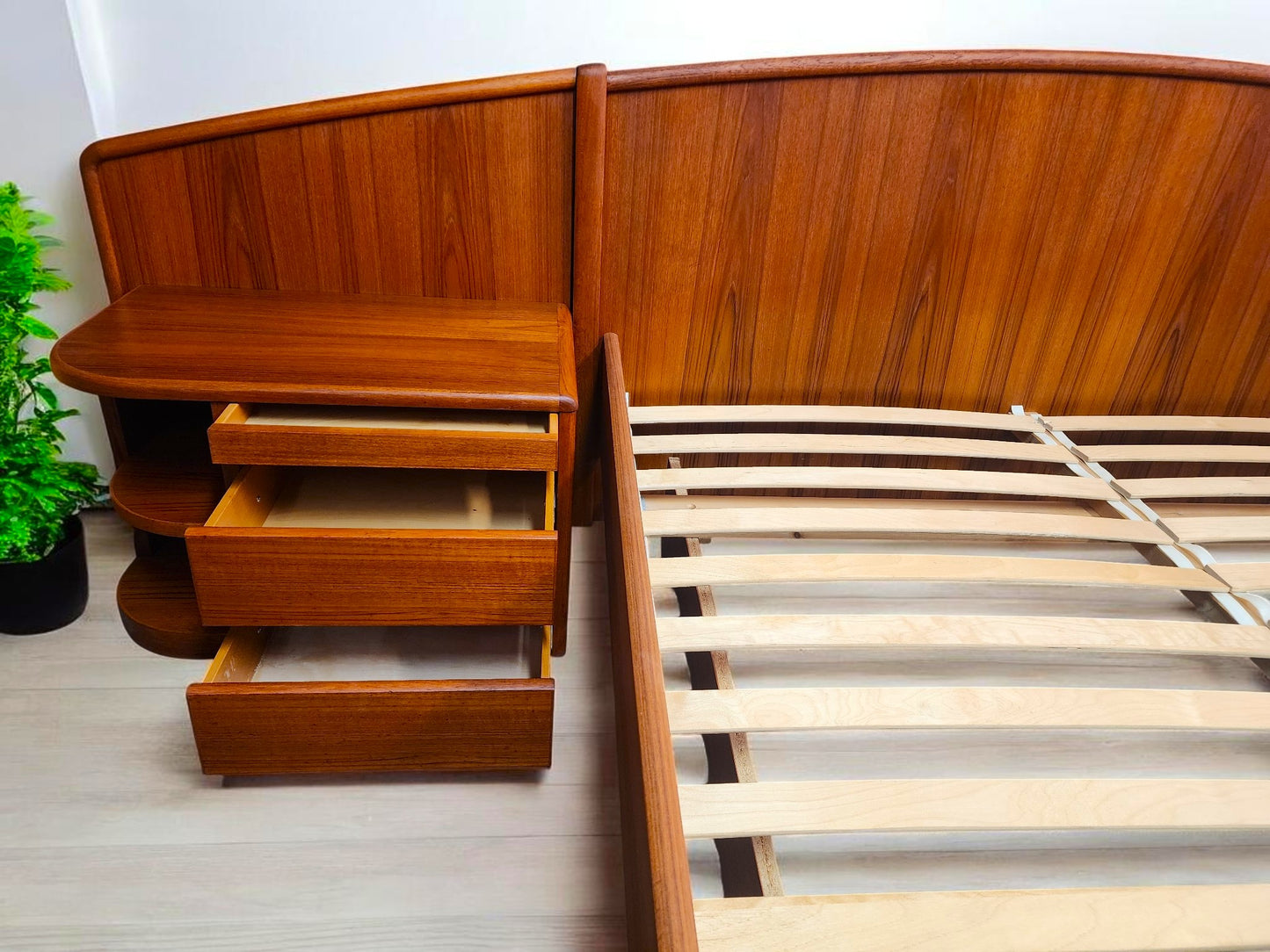 REFINISHED Danish MCM Queen Teak Bed w Nightstands & Storage by Uldum