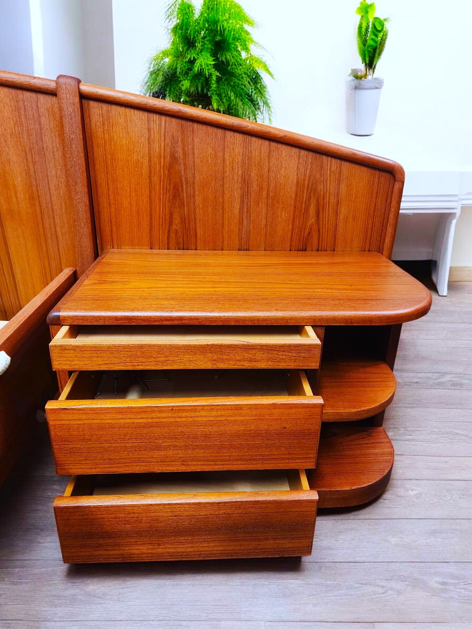 REFINISHED Danish MCM Queen Teak Bed w Nightstands & Storage by