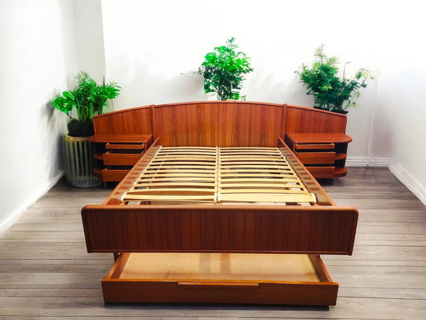 REFINISHED Danish MCM Queen Teak Bed w Nightstands & Storage by Uldum