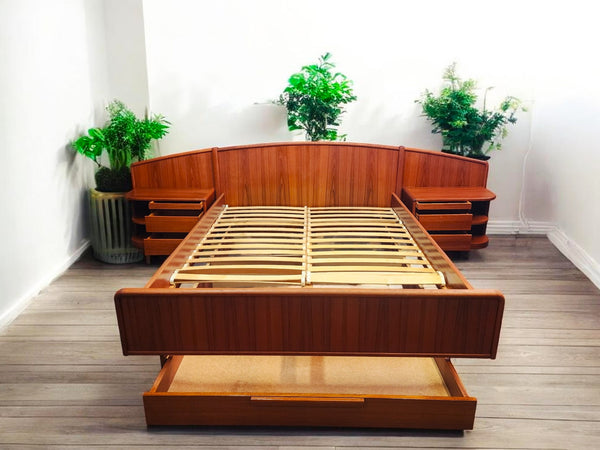 REFINISHED Danish MCM Queen Teak Bed w Nightstands & Storage by Uldum