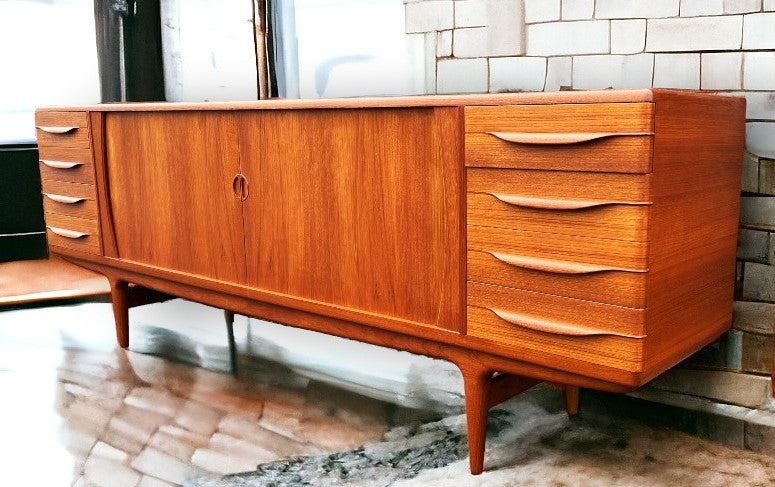 REFINISHED Danish Mid Century Modern Teak Tambour Credenza by Johannes Andersen 94"