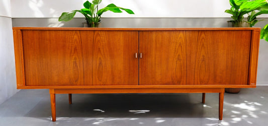 REFINISHED Danish MCM Teak Tambour Credenza by J.Quistgaard for Lovig w Finished Back 79"