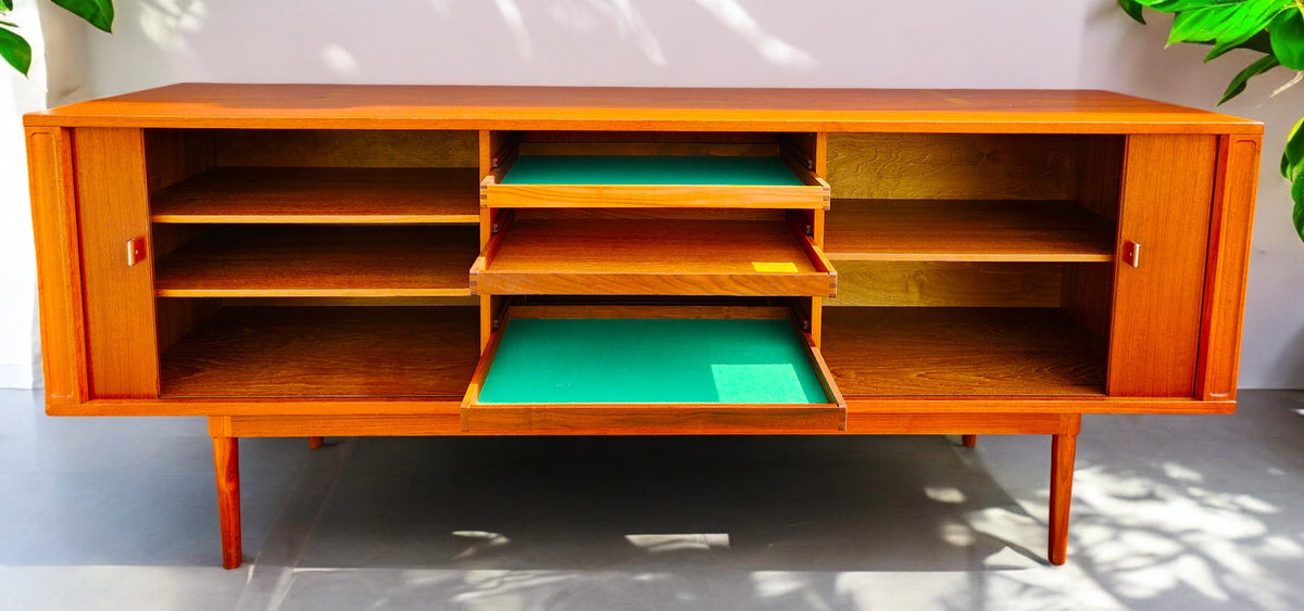 REFINISHED Danish MCM Teak Tambour Credenza by J.Quistgaard for Lovig w Finished Back 79