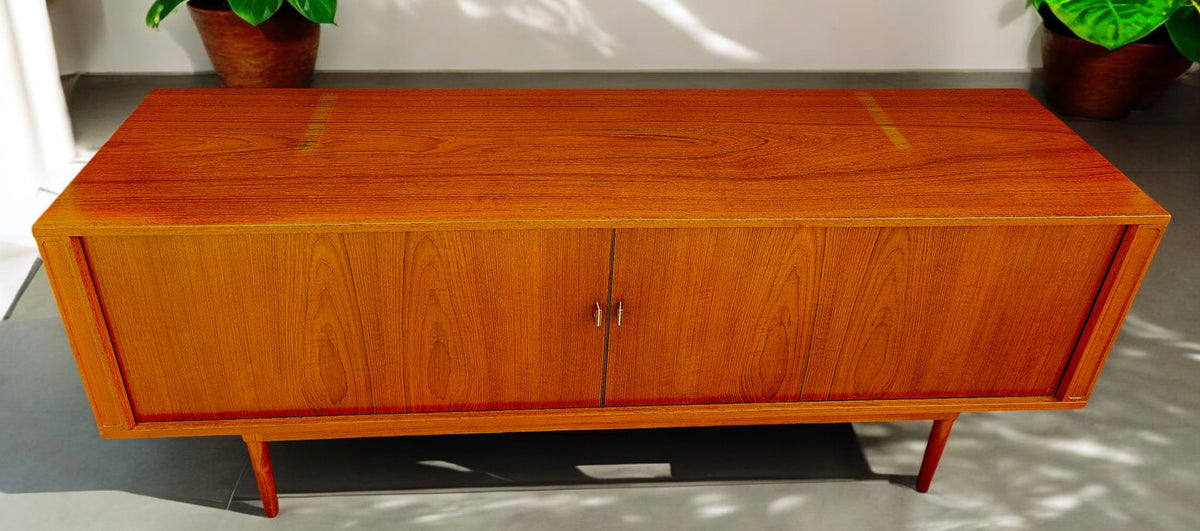 REFINISHED Danish MCM Teak Tambour Credenza by J.Quistgaard for Lovig w Finished Back 79