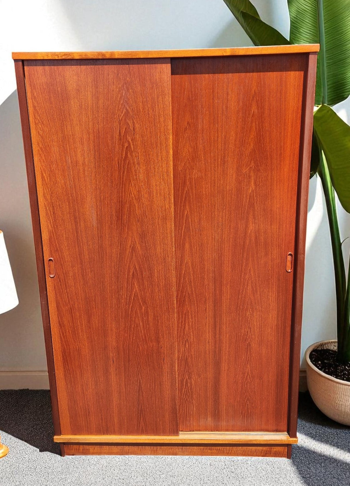 REFINISHED Danish Mid Century Modern Teak Wardrobe w Sliding Doors