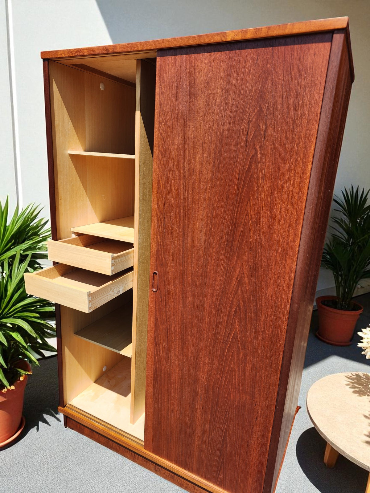 REFINISHED Danish Mid Century Modern Teak Wardrobe w Sliding Doors