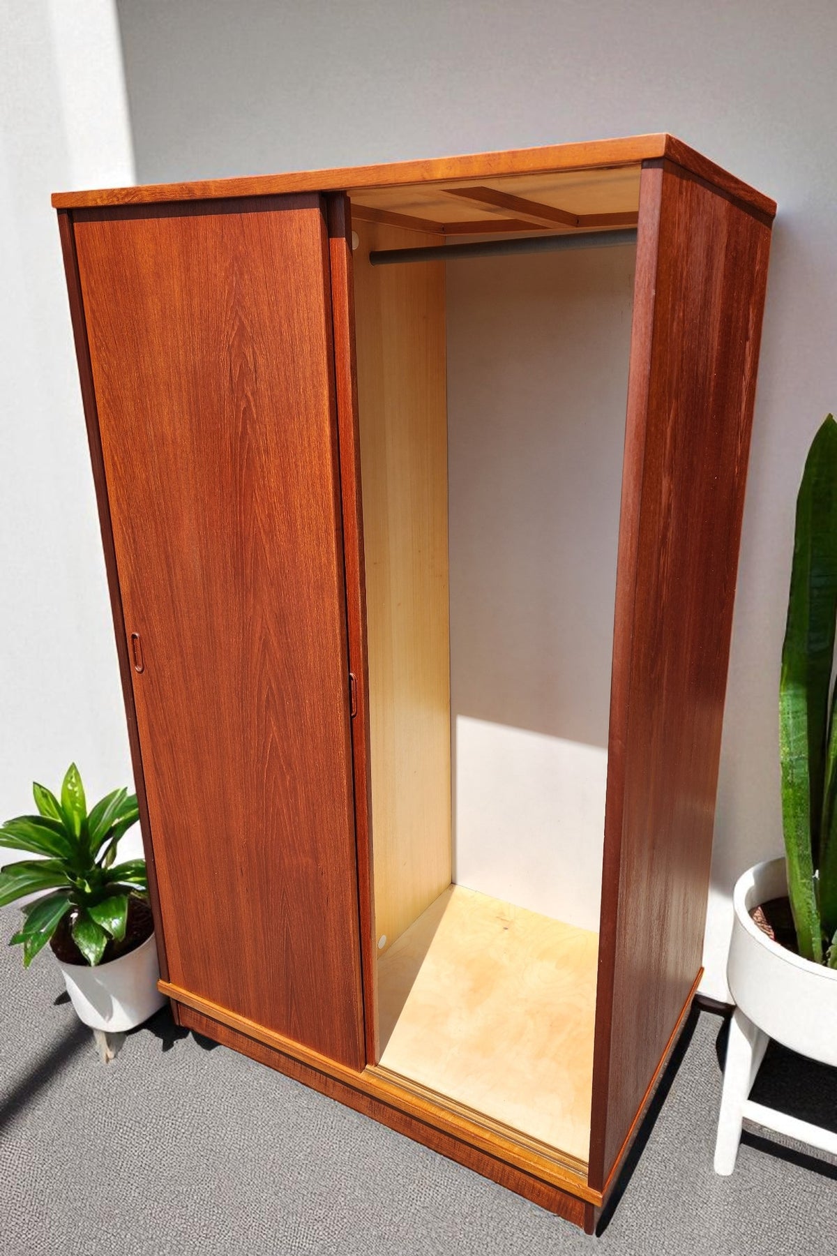REFINISHED Danish Mid Century Modern Teak Wardrobe w Sliding Doors