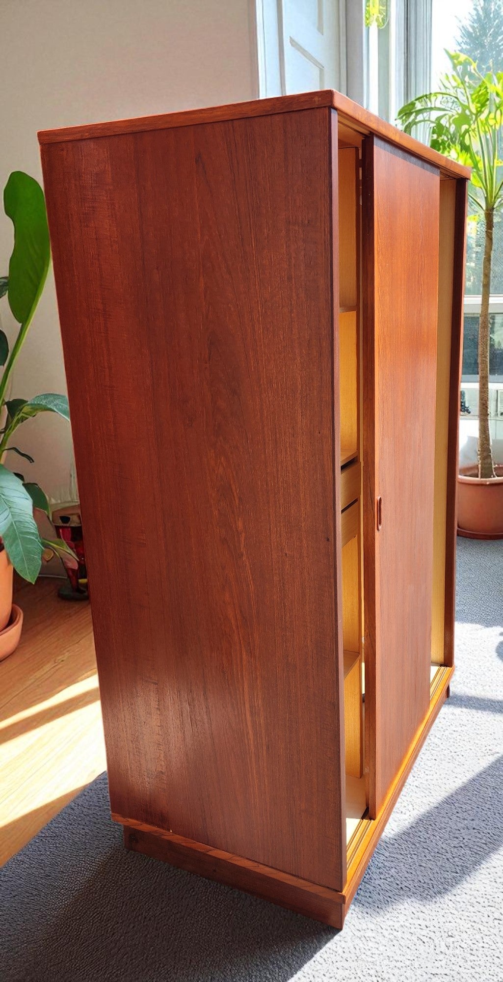 REFINISHED Danish Mid Century Modern Teak Wardrobe w Sliding Doors