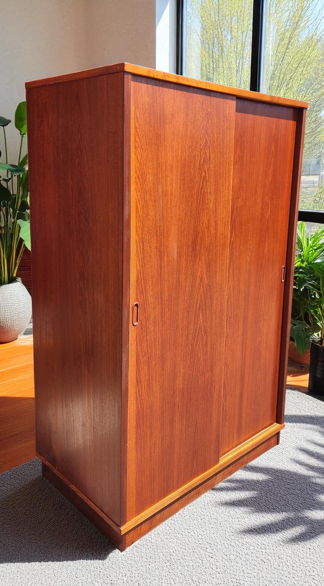 REFINISHED Danish Mid Century Modern Teak Wardrobe w Sliding Doors