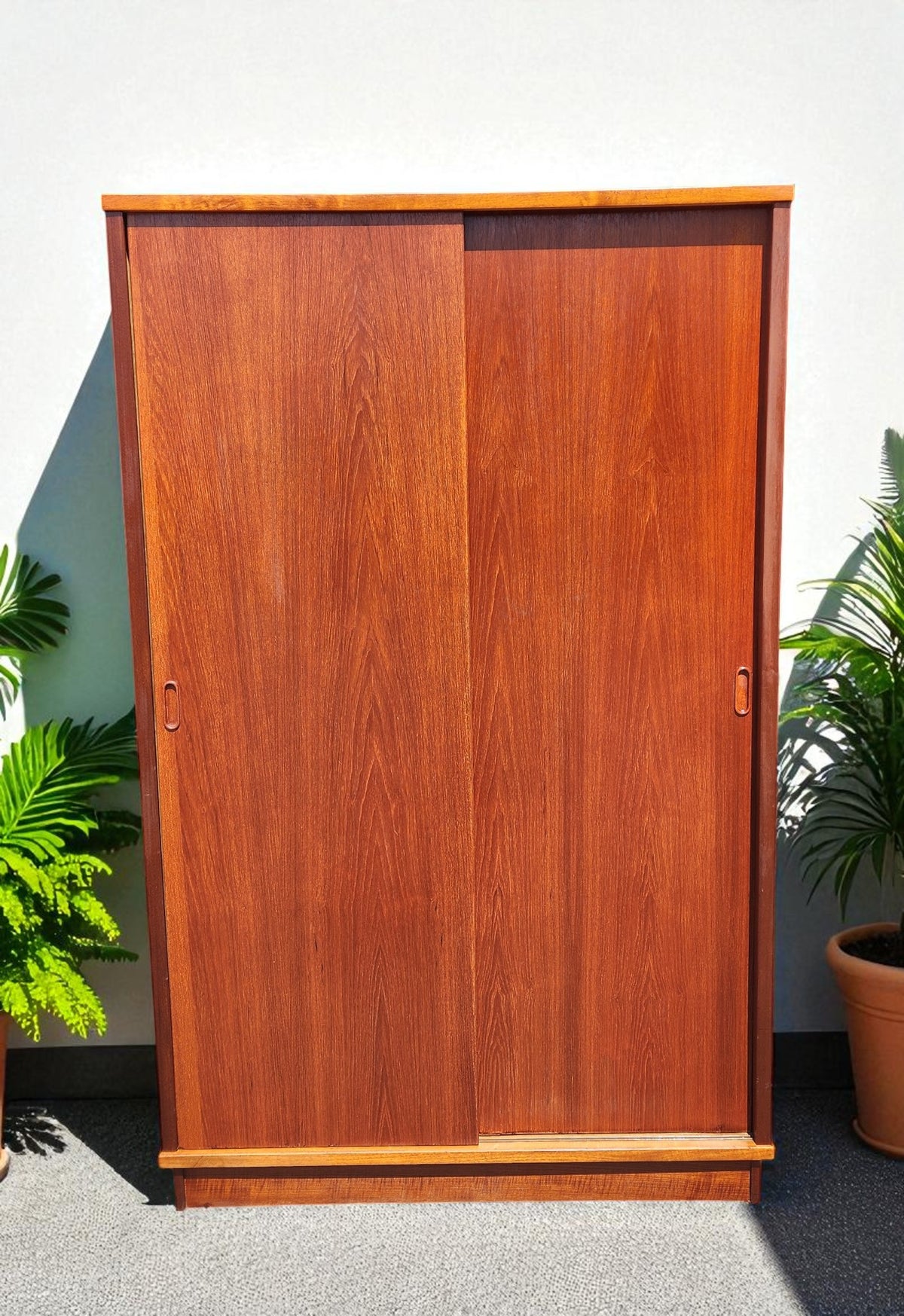 REFINISHED Danish Mid Century Modern Teak Wardrobe w Sliding Doors