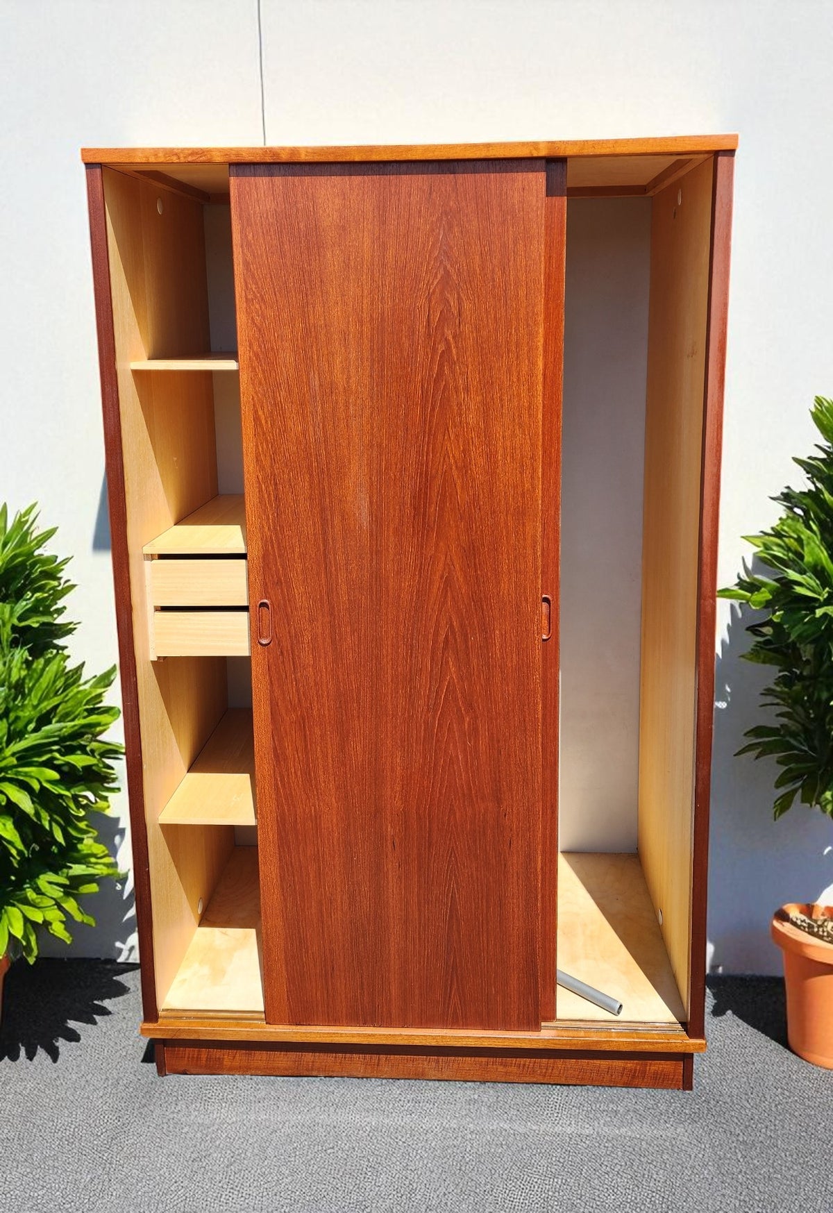 REFINISHED Danish Mid Century Modern Teak Wardrobe w Sliding Doors