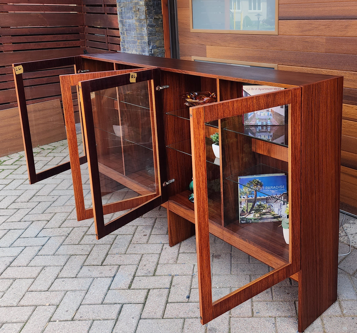 RESTORED Danish Mid Century Modern Rosewood Bookcase Display w Lighting