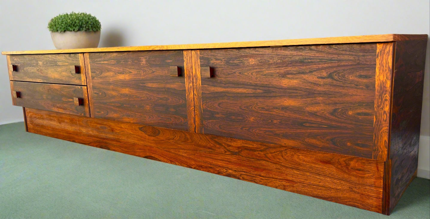 REFINISHED Danish Mid Century Modern Rosewood Console 87" wide & low