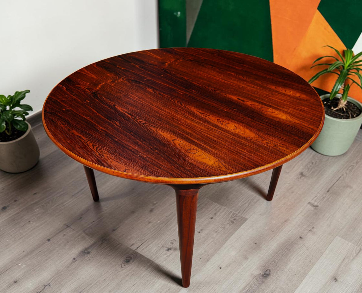 REFINISHED Danish MCM Rosewood Table Round w 2 Leaves by J.Andersen, 47
