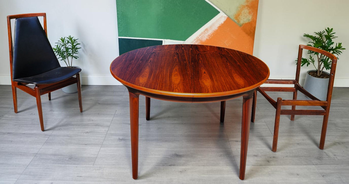 REFINISHED Danish MCM Rosewood Table Round w 2 Leaves by J.Andersen, 47