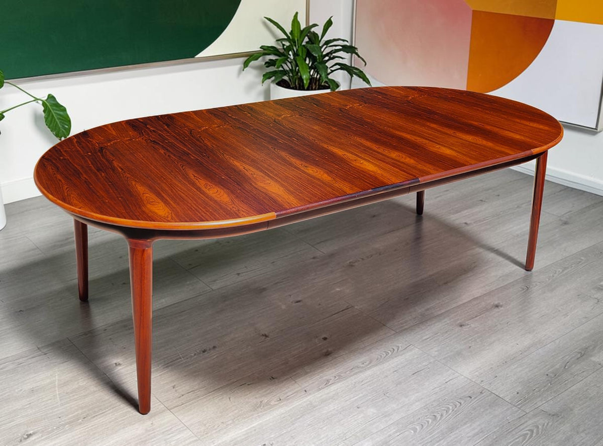 REFINISHED Danish MCM Rosewood Table Round w 2 Leaves by J.Andersen, 47