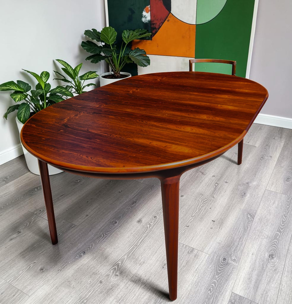 REFINISHED Danish MCM Rosewood Table Round w 2 Leaves by J.Andersen, 47
