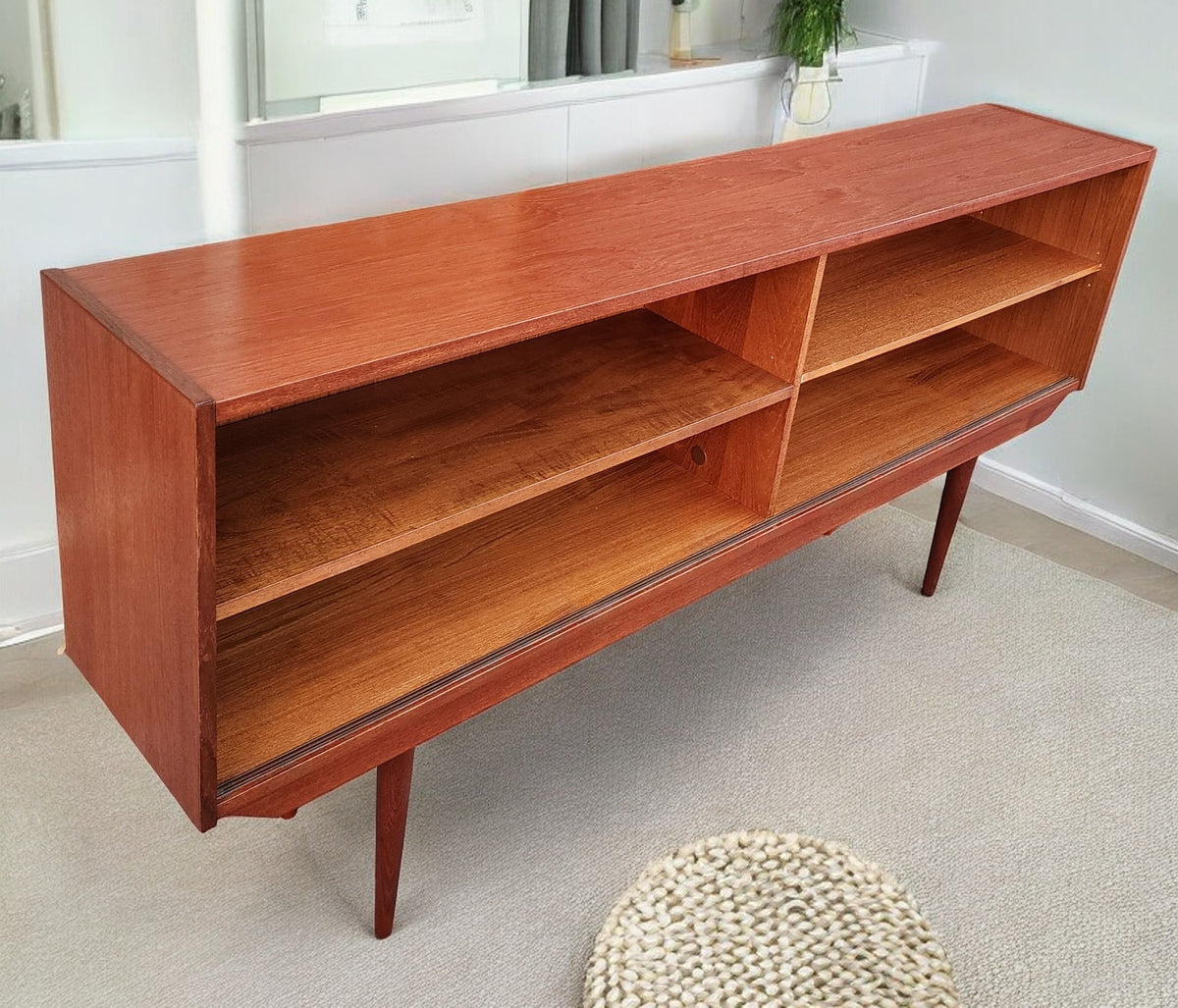 REFINISHED Danish Mid Century Modern Teak Display w Finished Back 72