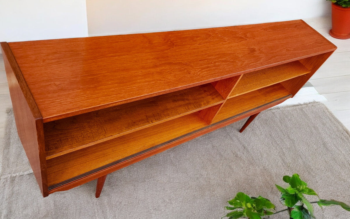 REFINISHED Danish Mid Century Modern Teak Display w Finished Back 72