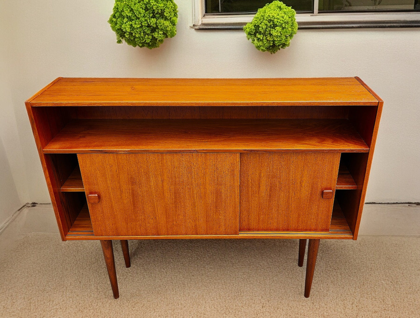 REFINISHED Danish Mid Century Modern Teak Cabinet Narrow 48" by Domino Mobler