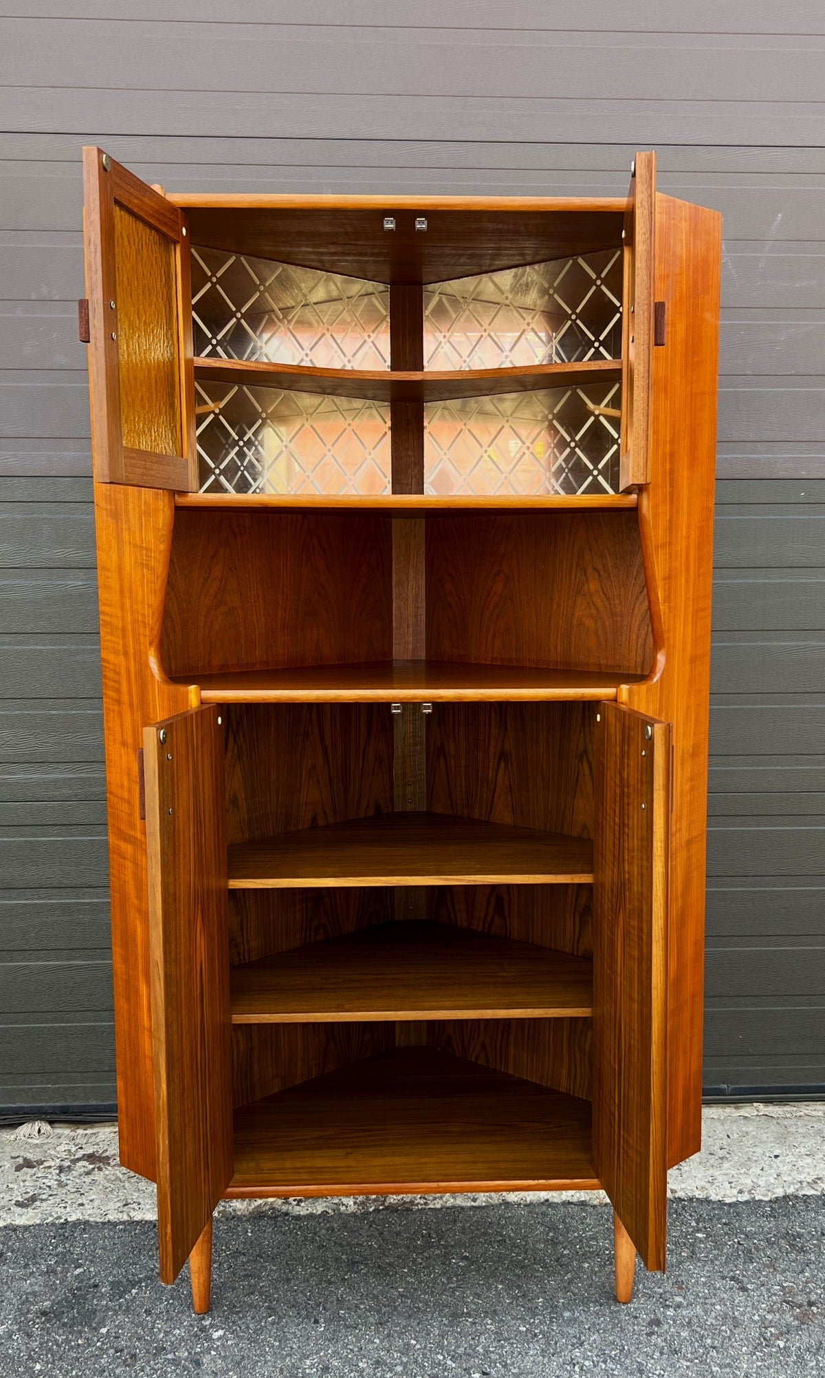 REFINISHED Danish Mid Century Modern Teak Corner Cabinet w Bar