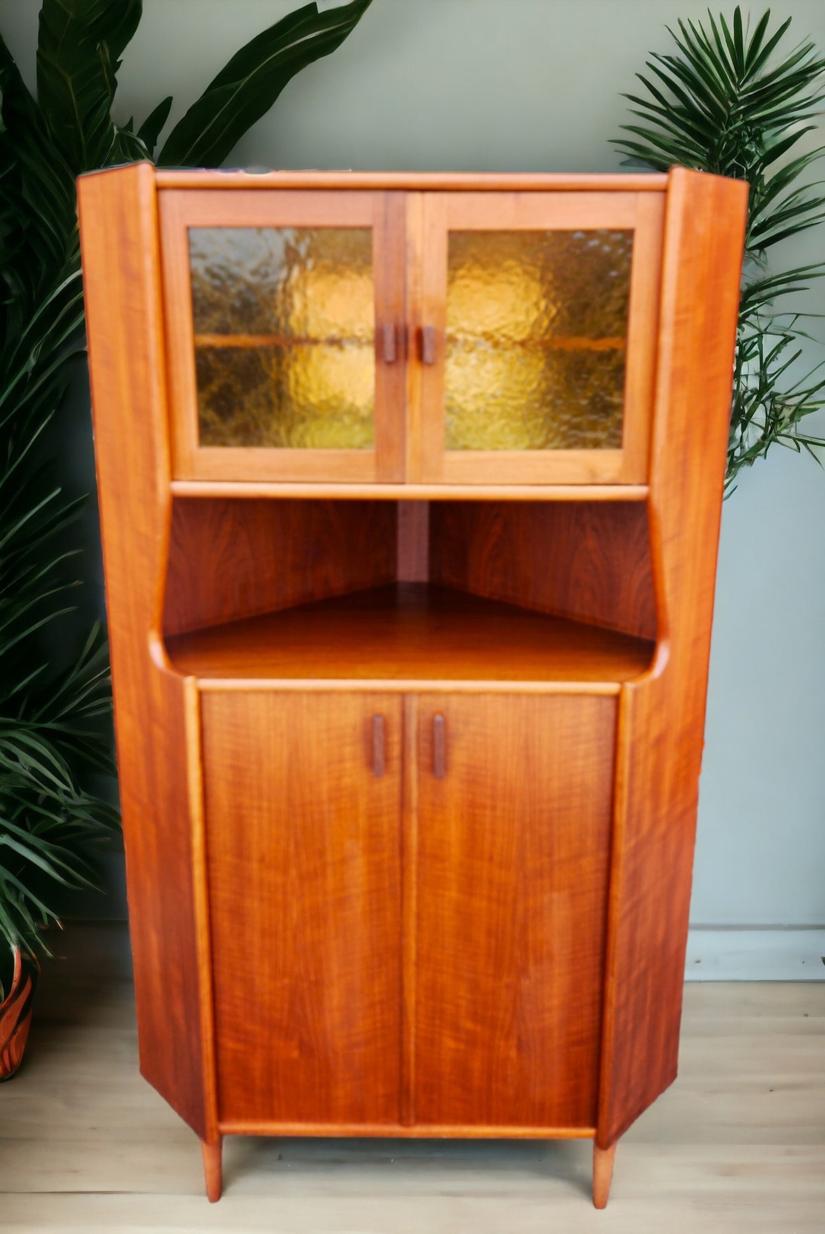 REFINISHED Danish Mid Century Modern Teak Corner Cabinet w Bar