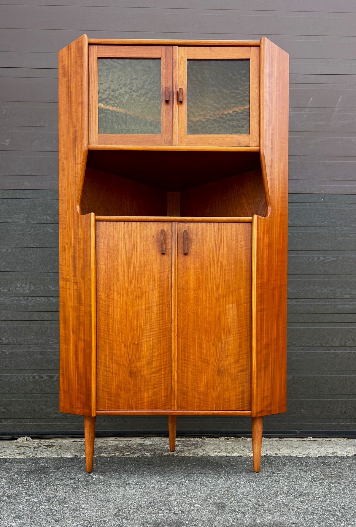 REFINISHED Danish Mid Century Modern Teak Corner Cabinet w Bar