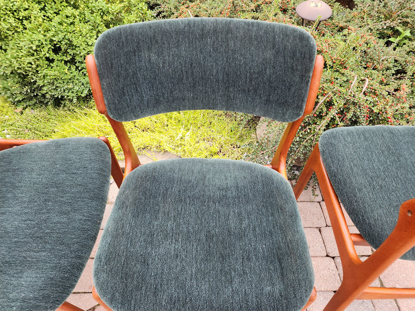 4 RESTORED REUPHOLSTERED in mohair Mid Century Modern teak chairs by Erik Buch, model 49