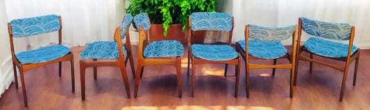 Coming***6 RESTORED will be REUPHOLSTERED Danish MCM teak chairs by Erik Buch