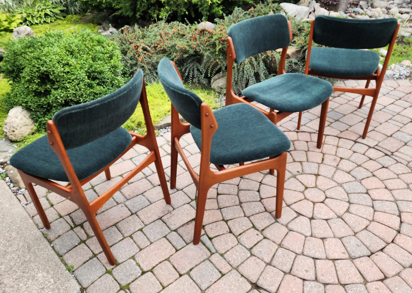 4 RESTORED REUPHOLSTERED in mohair Mid Century Modern teak chairs by Erik Buch, model 49