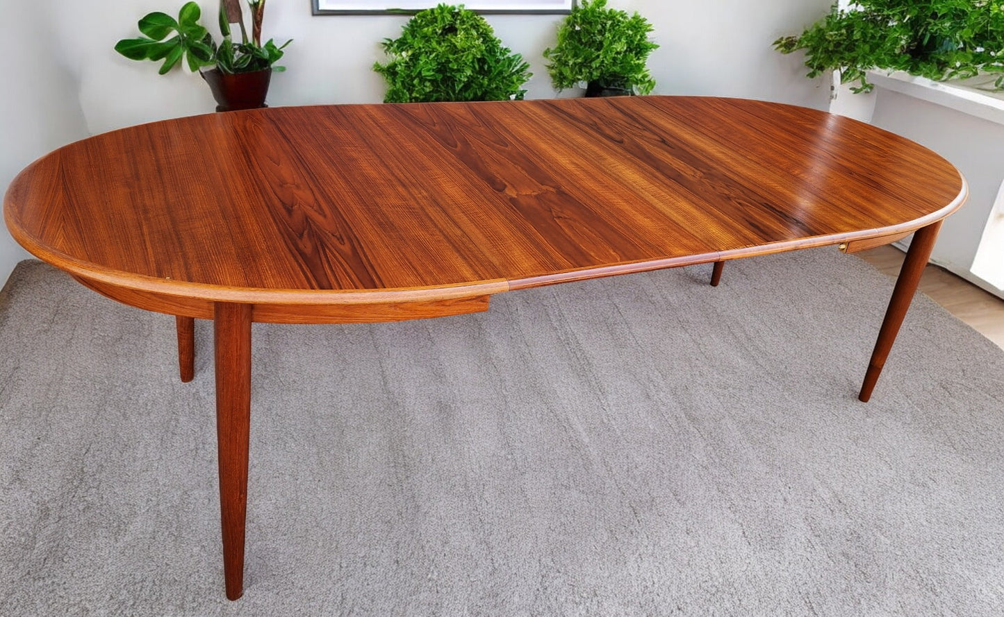 REFINISHED Danish Mid Century Modern Teak Table Oval w 2 leaves 59"-97" by GUDME