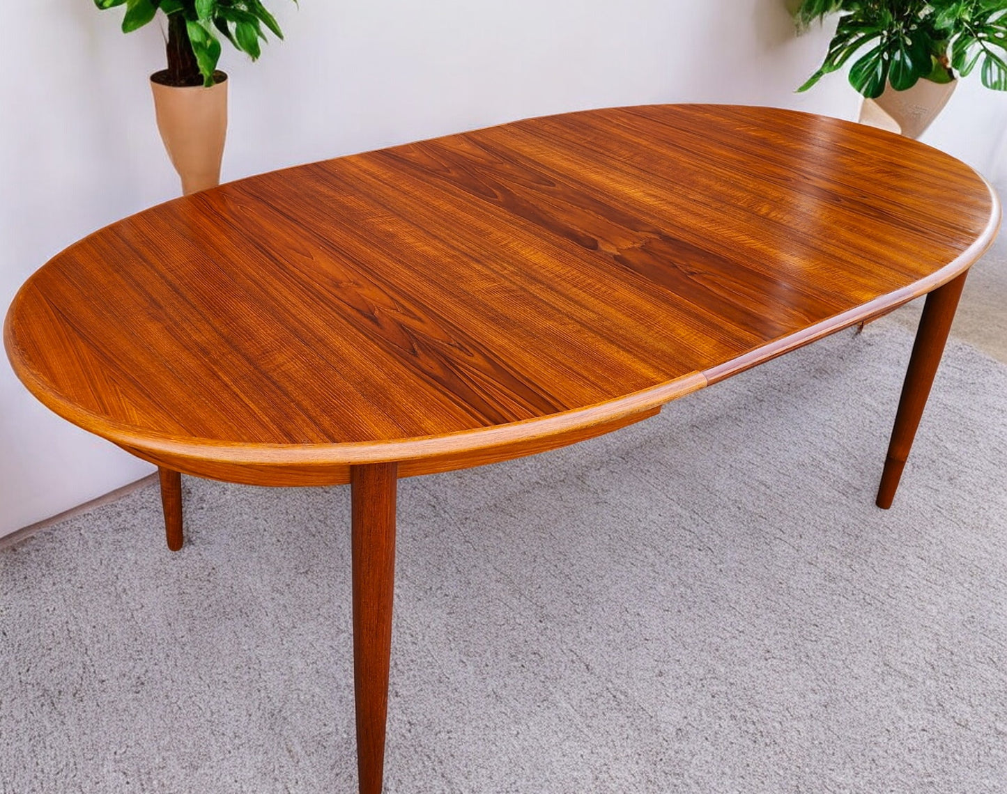 REFINISHED Danish Mid Century Modern Teak Table Oval w 2 leaves 59"-97" by GUDME