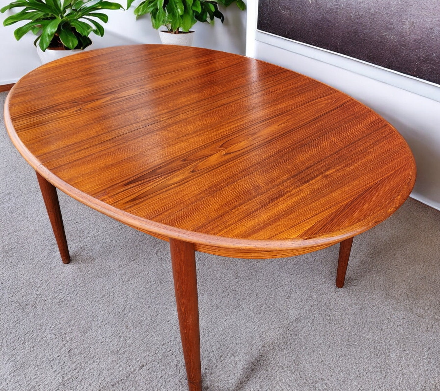 REFINISHED Danish Mid Century Modern Teak Table Oval w 2 leaves 59"-97" by GUDME