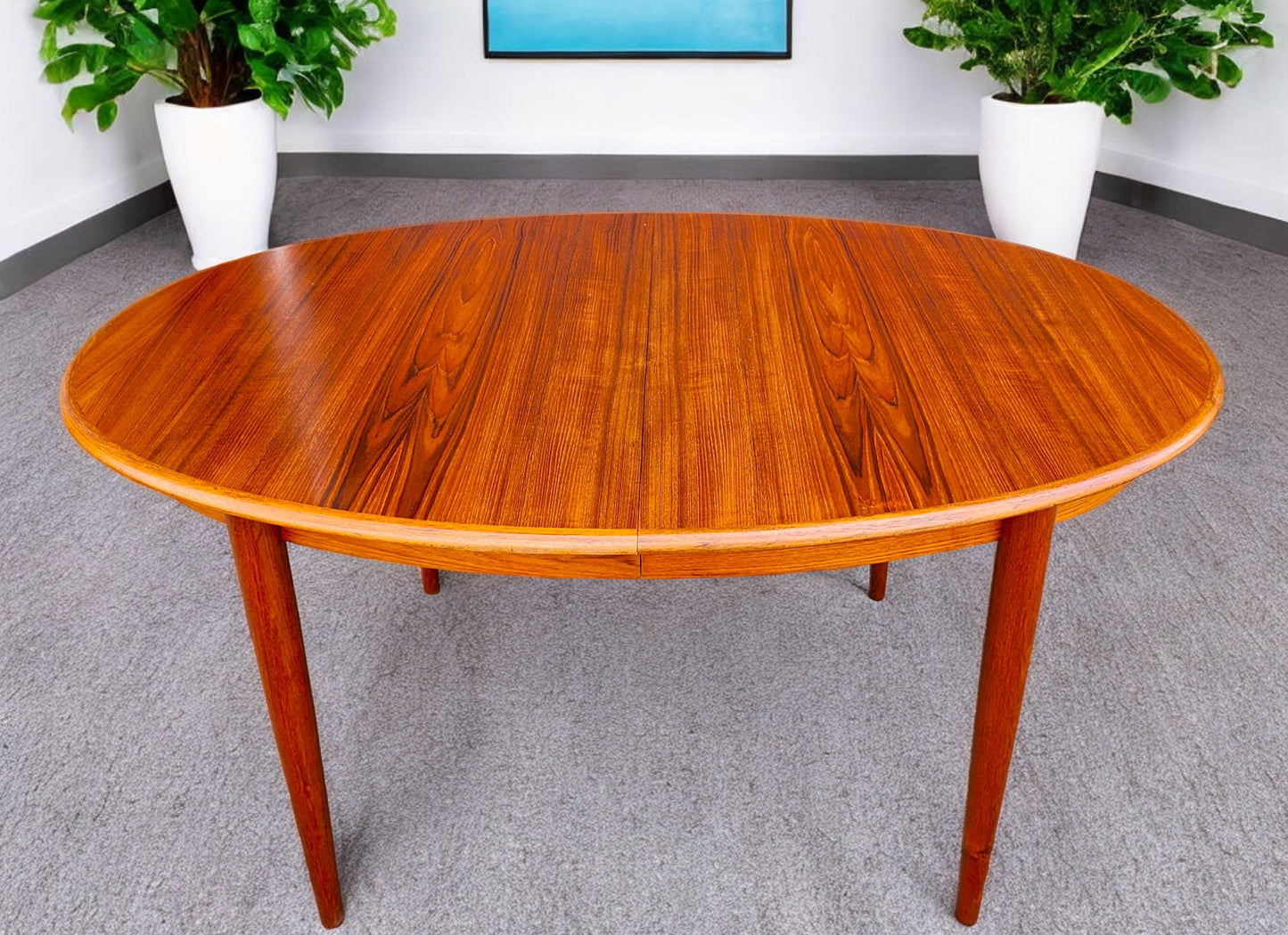 REFINISHED Danish Mid Century Modern Teak Table Oval w 2 leaves 59"-97" by GUDME