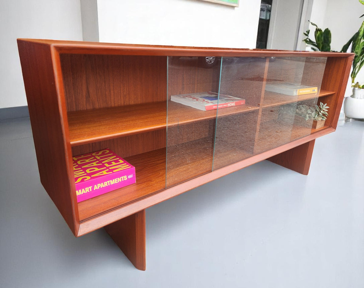 REFINISHED Danish Mid Century Modern Teak Display TV Media Console 60