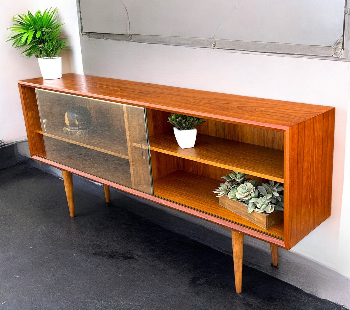 REFINISHED Danish MCM Teak Display by Faarup w Finished Back 59