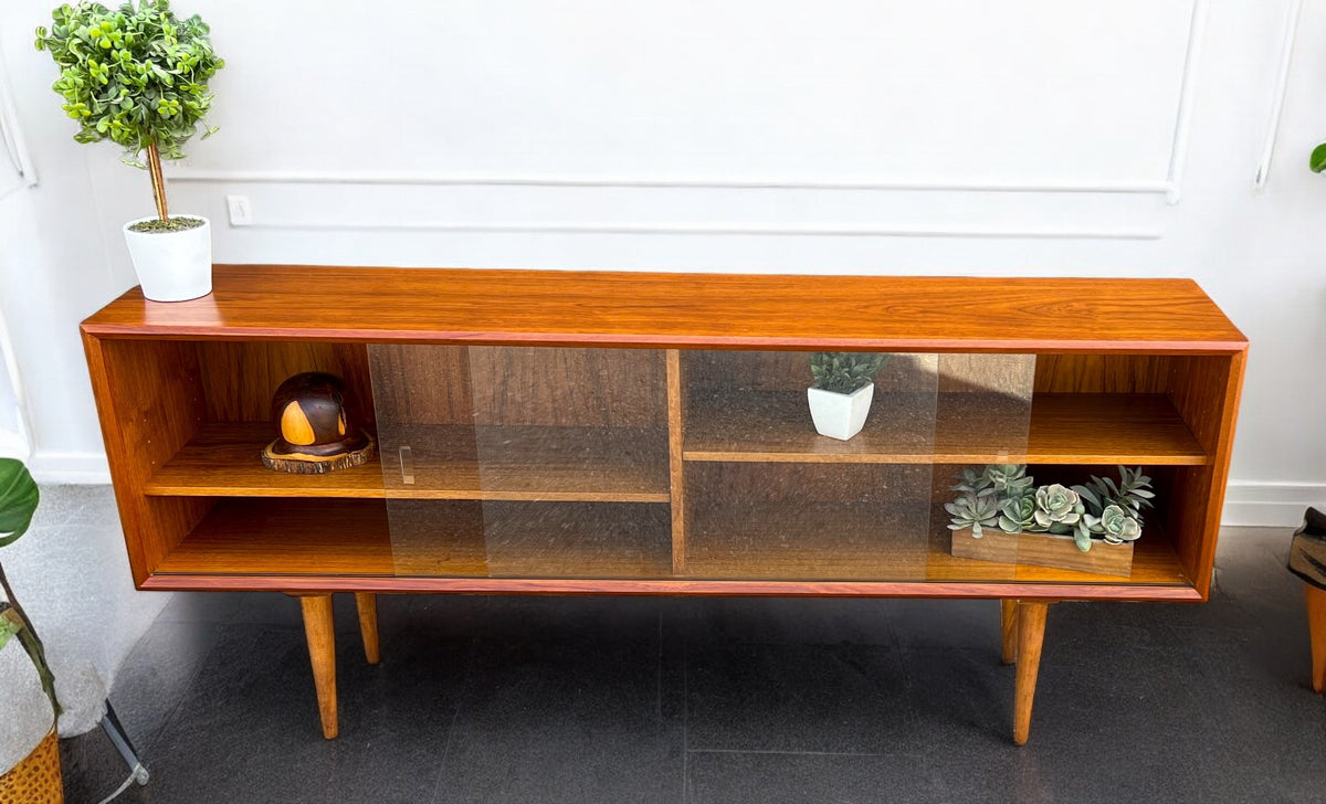 REFINISHED Danish MCM Teak Display by Faarup w Finished Back 59