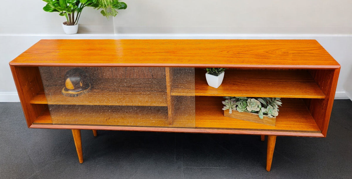 REFINISHED Danish MCM Teak Display by Faarup w Finished Back 59