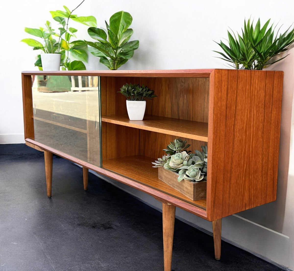 REFINISHED Danish MCM Teak Display by Faarup w Finished Back 59