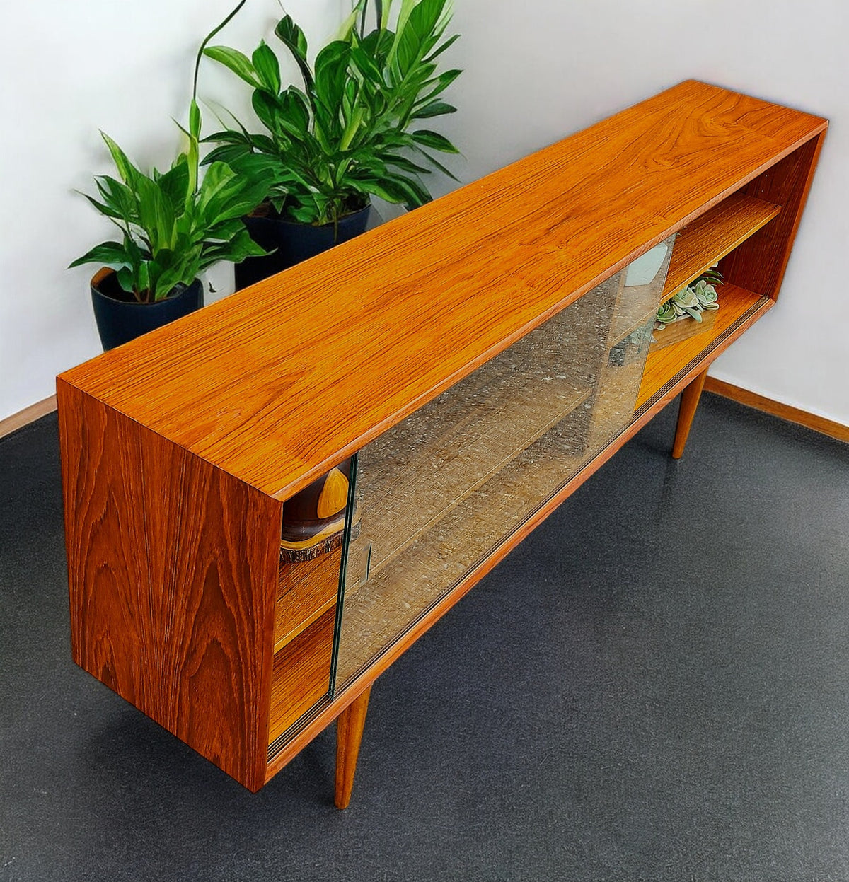 REFINISHED Danish MCM Teak Display by Faarup w Finished Back 59