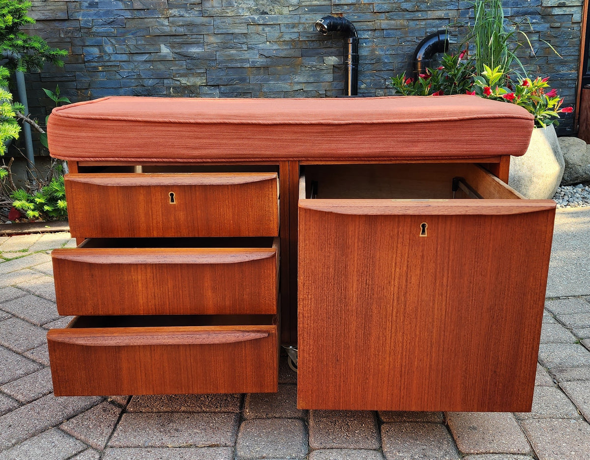 REFINISHED Danish MCM Teak Storage Bench w Drawers & Wheels, will get NEW Cushion