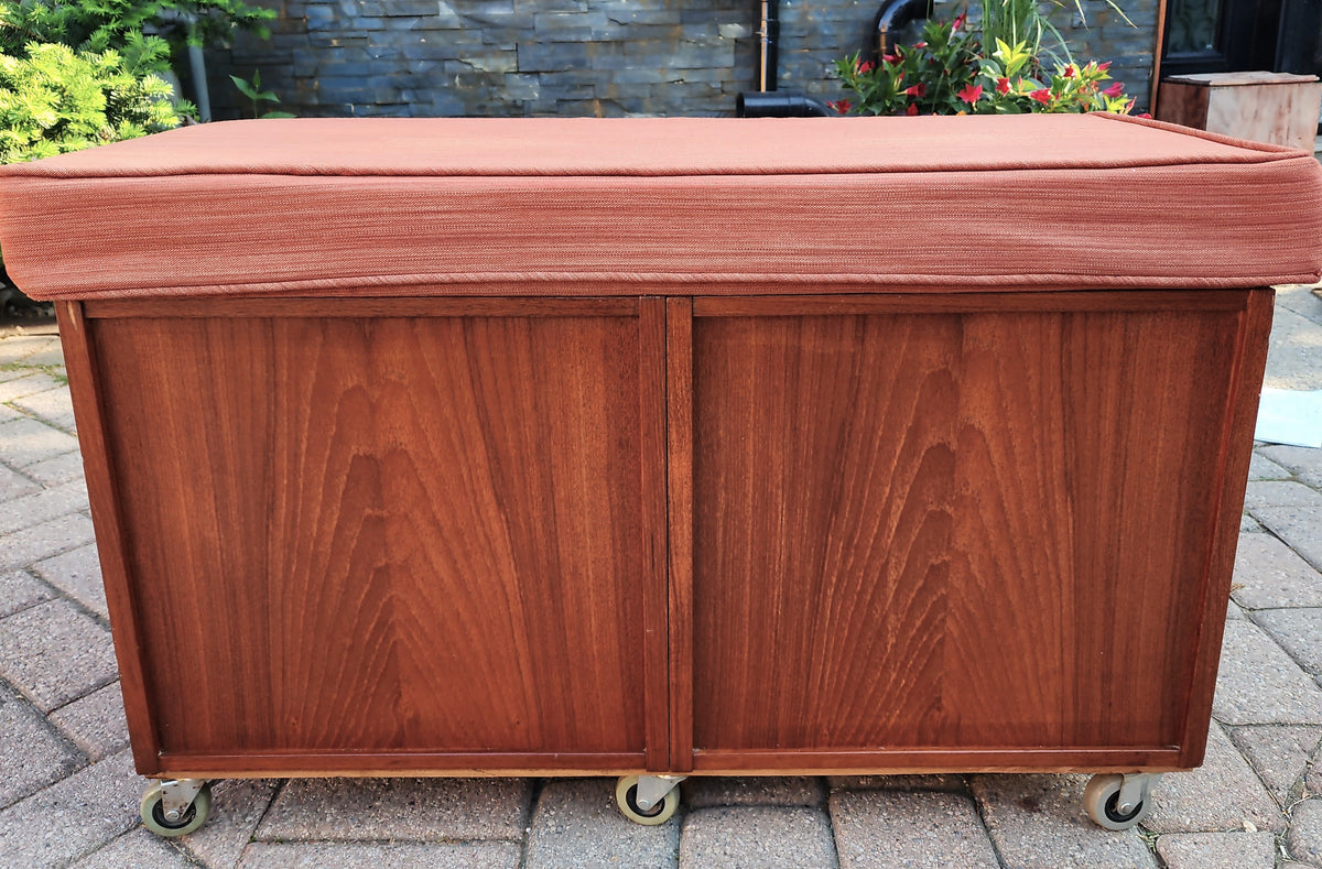 REFINISHED Danish MCM Teak Storage Bench w Drawers & Wheels, will get NEW Cushion