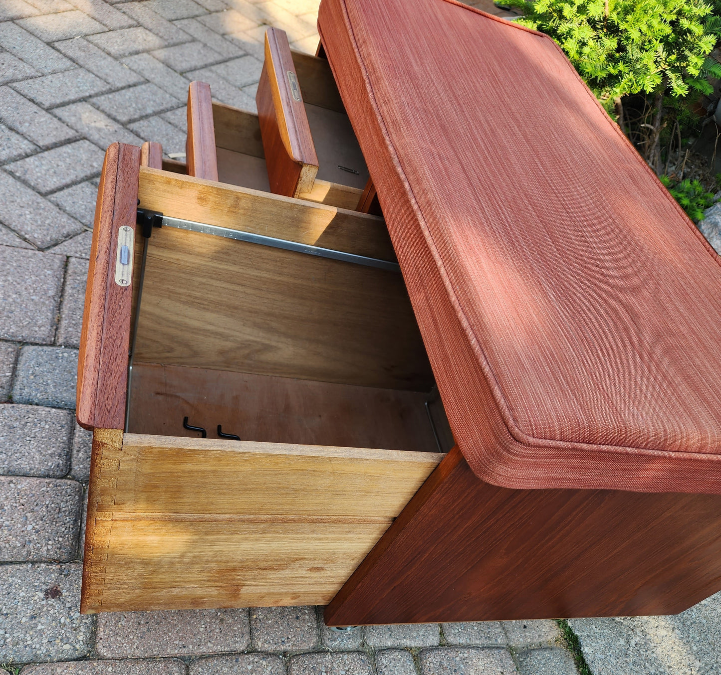 REFINISHED Danish MCM Teak Storage Bench w Drawers & Wheels, will get NEW Cushion